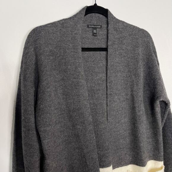 Eileen Fisher XXS Gray Cream Felted Merino Wool Stripe Long Cardigan Sweater - Picture 3 of 6